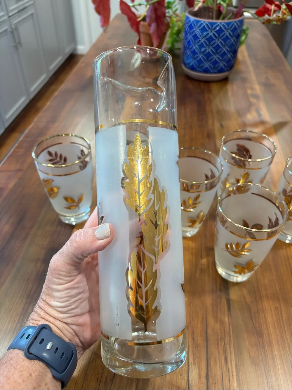 Vintage MCM Libbey Golden Foliage Frosted Pitcher & Glass Barware Set